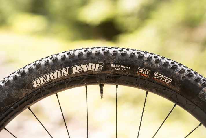 No experiments when choosing tyres: The Maxxis Rekon Race tyres in 2.4 inch width are tried and tested cross-country rubber.