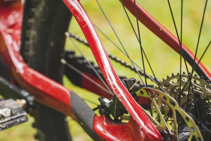 Statt Horst-Link setzt der Viergelenker im Merida auf flexende Sitzstreben.