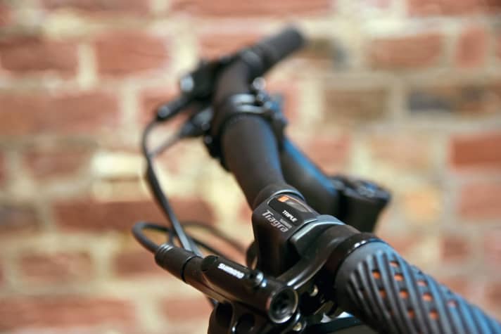 The clever ergonomic stem/handlebar combination turns the all-round frame with the long top tube into a speed cruiser!