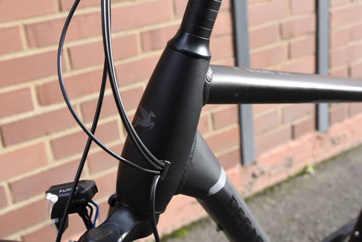 The egg-shaped head tube gives the Pegasus its face and, despite the long steerer tube, enough stiffness in the front frame.