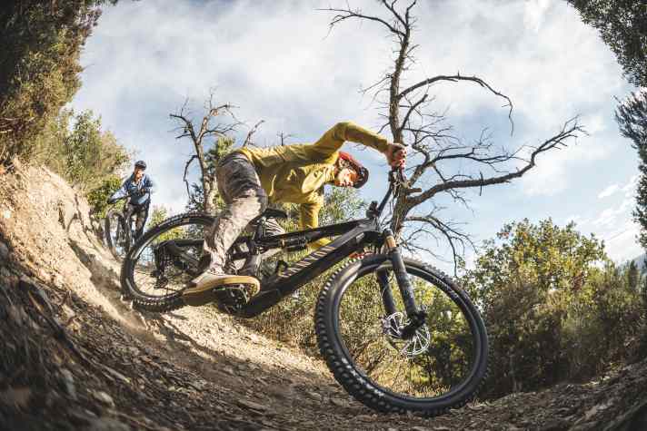 Downhill, the low bottom bracket and high front end provide a lot of riding safety as long as the steps don't get too big.