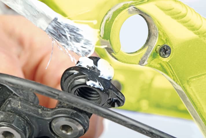 Schaltauge fetten gegen ungewollte Geräusche am Bike von hinten.  