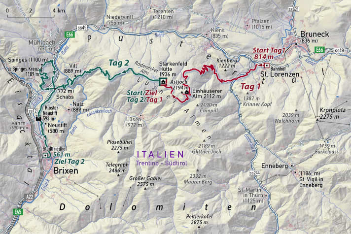 Map of the Starkenfeldhütte hut tour in South Tyrol