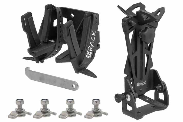 Weighing just 1.5 kilos per bike, the Pushrack V3 is particularly lightweight, yet is designed to secure bikes securely enough for off-road use.