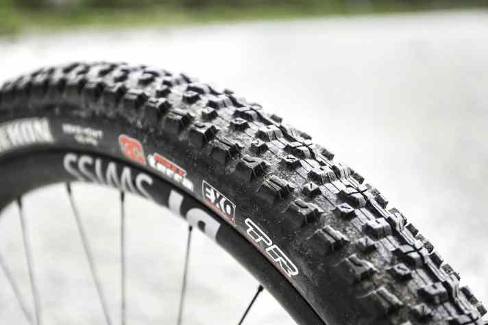 The Maxxis Dissector on the front wheel provides good guidance, while the Rekon rolls well at the rear.