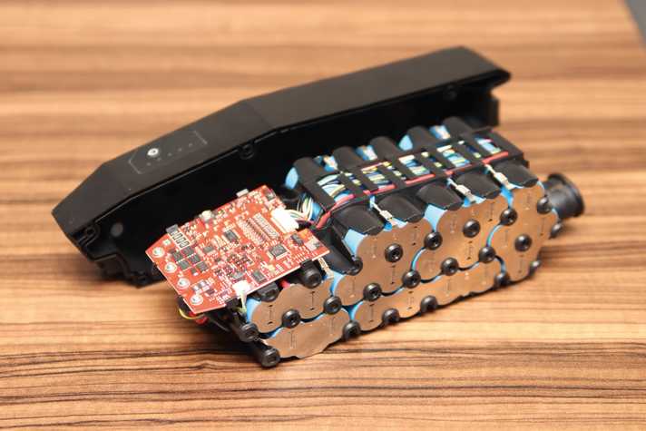 Hier erkennt man deutlich Verbindungsplatten und Platine eines externen Akkus.