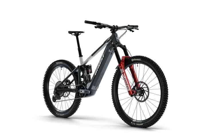 Ghost E-Riot Full Party: Rock Shox Ultimate suspension, Sram GX Eagle AXS, DT Swiss aluminium wheels. Cost: 9,500 euros.