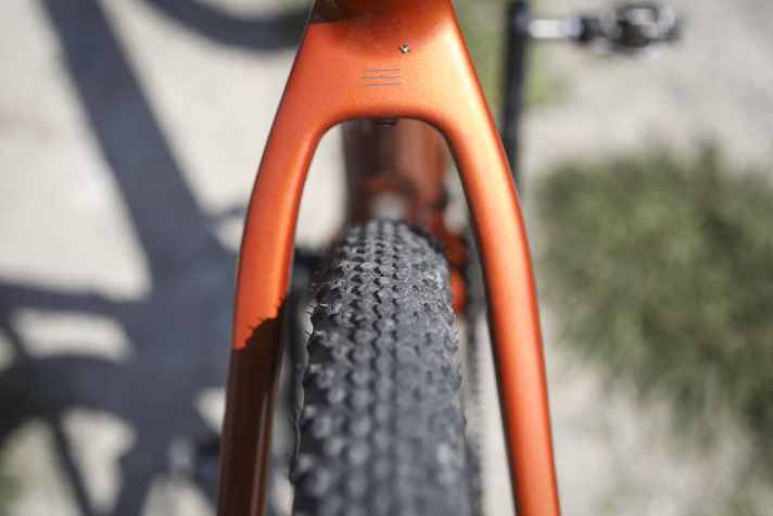 Propain installs 45 millimetre wide gravel tyres. A maximum of 50 millimetres fit in the rear triangle.