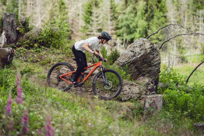 The new, flatter geometry is designed to make the Rose trail bike even more suitable for downhill riding.