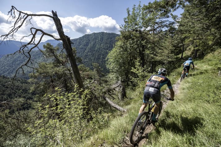 Auf dem schmalen Pfad hinüber ins Ledrotal bieten sich auch freie Blicke in die Gardasee-Berge.