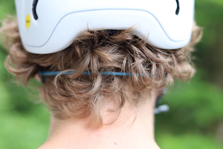 The neck strap does not get in the way of even low-slung enduro helmets.