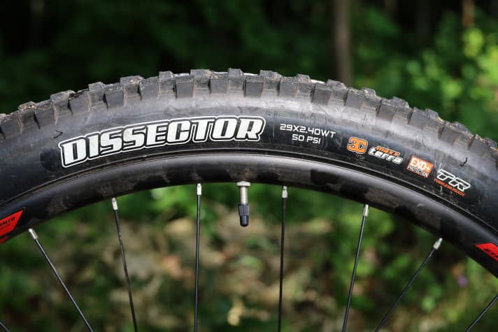 Grippy tyres with strong puncture protection are a good choice for a downhill all-mountain bike. Unfortunately, the 29-inch wheels are not tubeless-ready ex works.