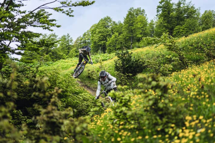 Not rideable, mountain guide Mentor had said. Ludo and Jerôme can't say the same for the trail down to Doberdoll.