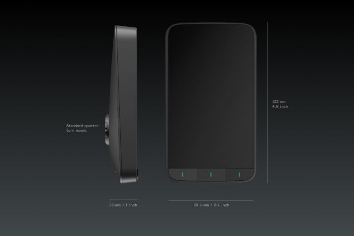 Ses dimensions sont comparables à celles d'un Garmin Edge, mais il est un peu plus large. Le poids n'est pas encore connu.