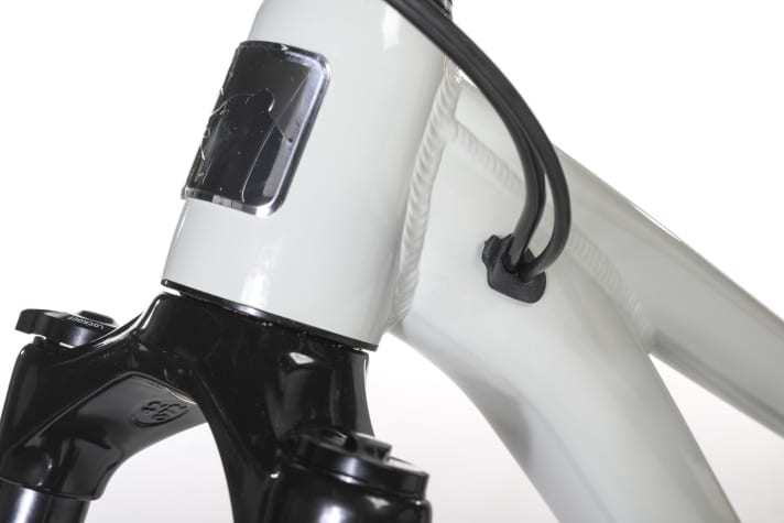 Schöne Details, wie ein edles Steuerrohr-Logo und innenverlegte Züge zieren den Rahmen des Marin Kinderbikes.