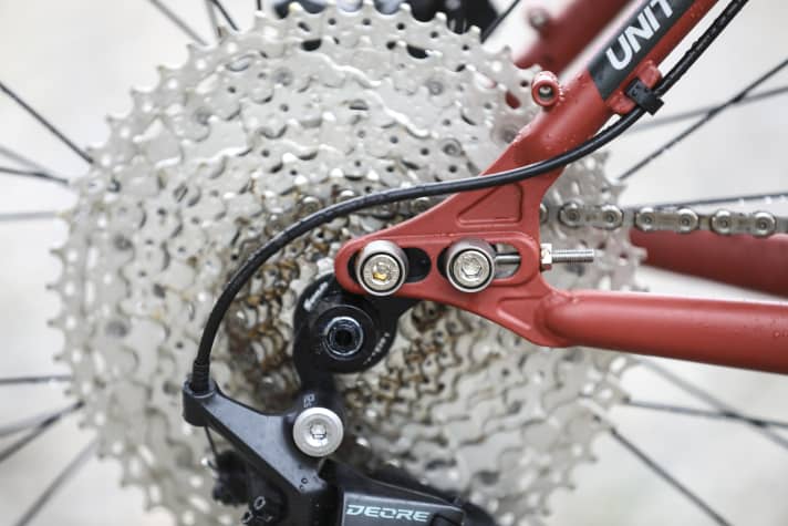 Dank der massiv verschraubten, horizontal verschiebbaren Ausfallenden lässt sich das Stahl-MTB zum Singlespeeder umbauen. Im winterlichen Test-Einsatz setzen einige der preisgünstigen Teile etwas Flugrost an.