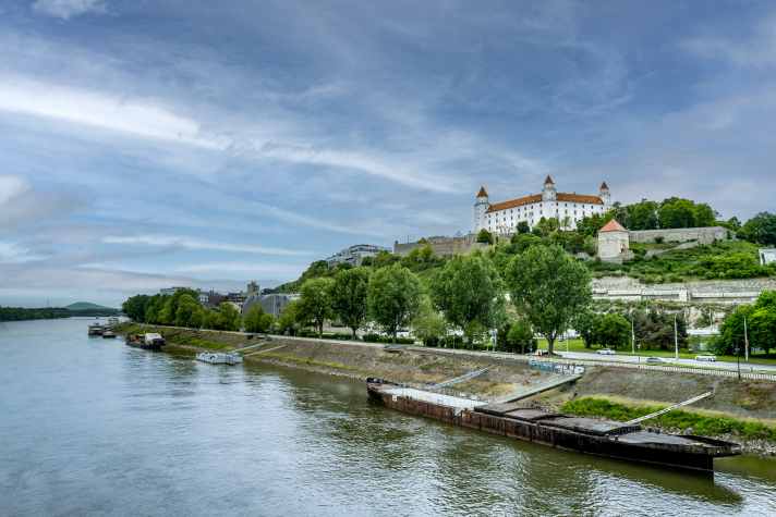Danube promenade at the foot of Bratislava Castle.