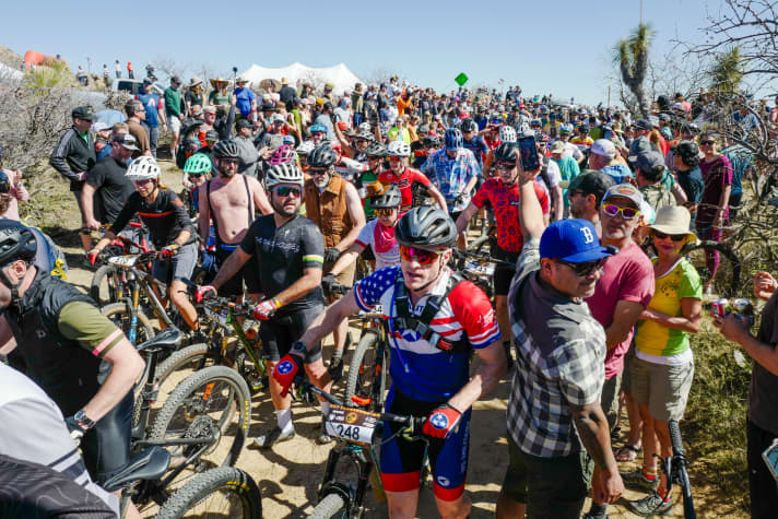 A big mess at the end of the running course. Once you've found your bike, you're stuck in a traffic jam. No matter. There's plenty of time for biking over the next 24 hours.