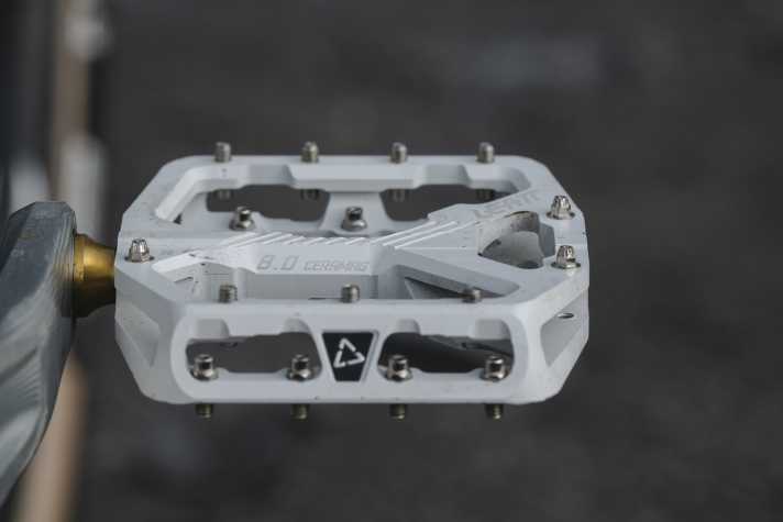 Ten stainless steel pins claw into the soles of the shoes on each side.