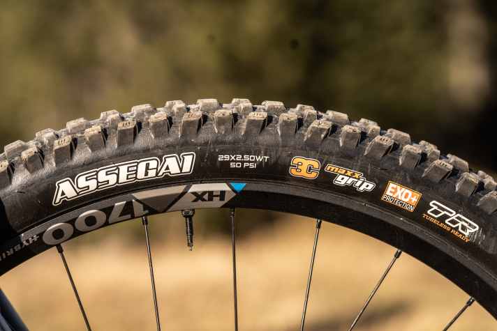 Das superweiche Maxxgrip-Gummi am Vorderreifen von Maxxis gibt in schwierigen Abfahrten viel Sicherheit.