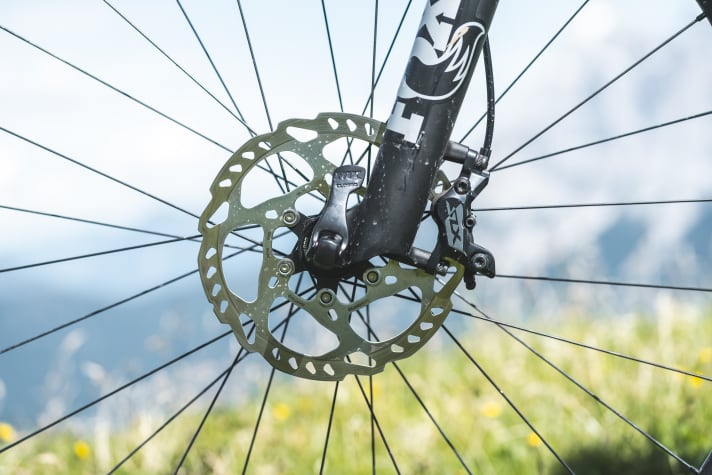 Mit vier Kolben liefert die Shimano SLX Scheibenbremse am Canyon Neuron eine ordentliche Bremspower.