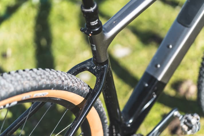 Carbon trifft auf dicke Schlappen: Der Rahmen des Focus Raven bietet den 2,4 Zoll breiten Maxxis Rekon Reifen ausreichend Platz.
