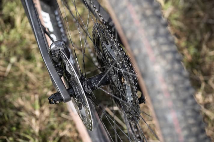 Canyon relies on a flat-mount brake caliper and a small 160-millimetre rear brake disc on the Lux Trail.