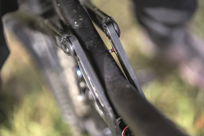 Der kleine rote SAG-Indikator in der Wippe des Liteville 303 vereinfacht das Fahrwerks-Setup.