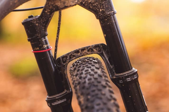 Die breiten 2,4er Maxxis-Reifen füllen die Rockshox SID gut aus. Beim Hinterbau ist mehr Reifenfreiheit für Schlammorgien vorhanden.