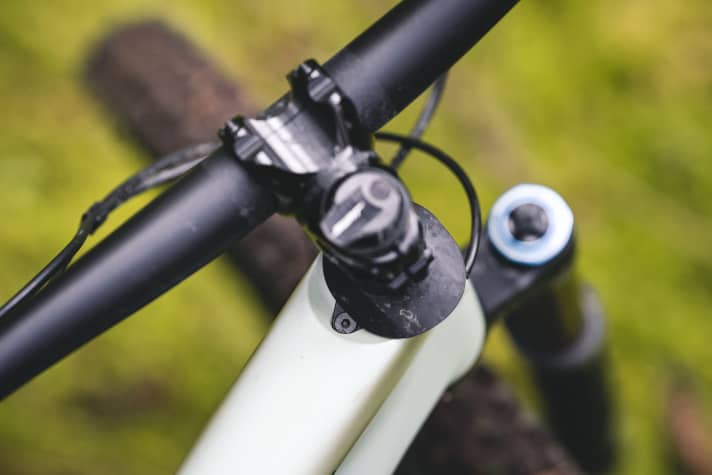Gemeinschaftsmerkmal mit dem Racebike-Bruder: Ein Lenkanschlagsbegrenzer schützt das Oberrohr des Specialized Epic Evo 8 vor Schäden.