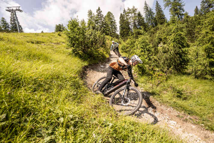Weasel nimble: With its short chainstays and low weight, the agile Rotwild rivals many an all-mountain bike in tight corners. Not to mention the brute downhill performance on fast, open passages.