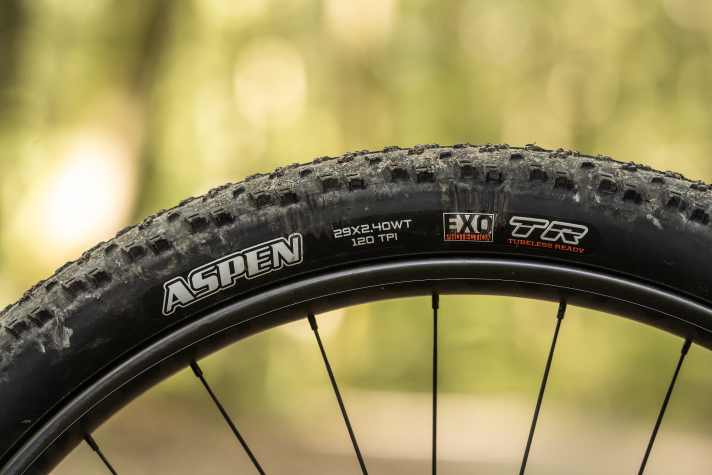 The super-light Ahead The Frame bike rolls on a combination of Maxxis Aspen and Rekon Race in a width of 2.4 inches.