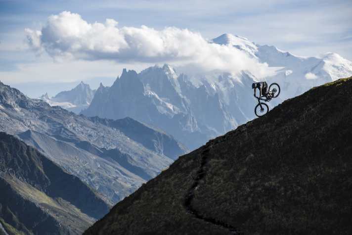 Mont Blanc at the back, hairpin bend action at the front!