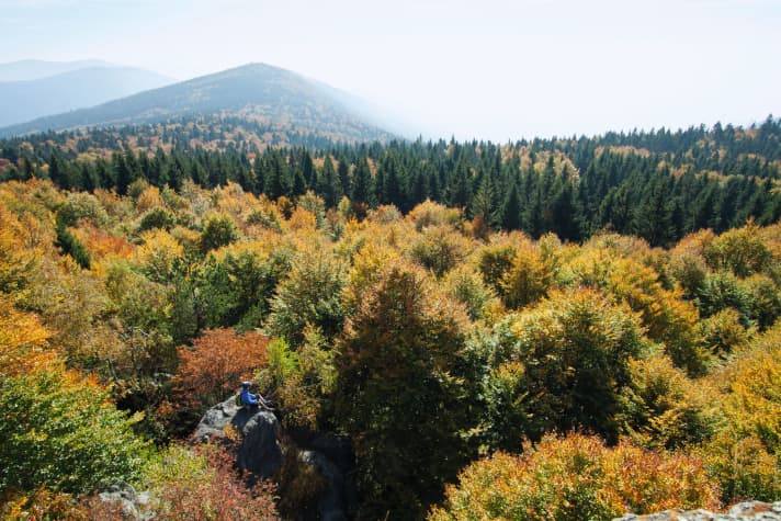 Im Herbst sind die Aussichten auf klare Fernsicht groß. So wie hier am Hirschenstein.