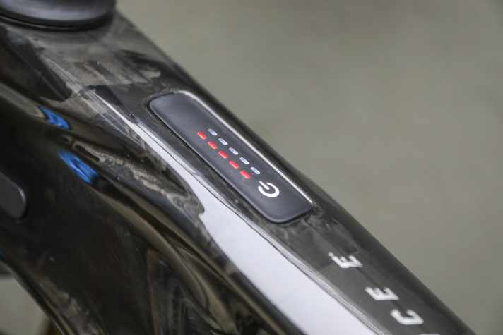 Keep it simple: Serienmäßig verzichten die Giant E-MTBs auf ein Display. Die LED-Anzeige Ridecontrol Go im Oberrohr gibt Aufschluss über Akku-Stand und Unterstützungsstufe.