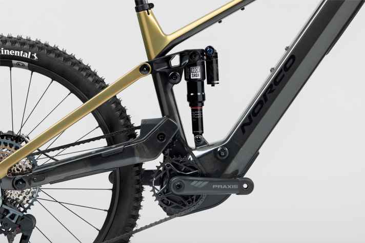 The high-pivot rear triangle of the Norco Sight VLT CX is designed to swallow even the biggest boulders on demanding terrain.