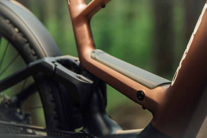 Der Dämpfer des neuen Orbea Fullys verbirgt sich gut geschützt im Rahmen. Für Setup- und Wartungsarbeiten ist er über eine Serviceklappe zugänglich.