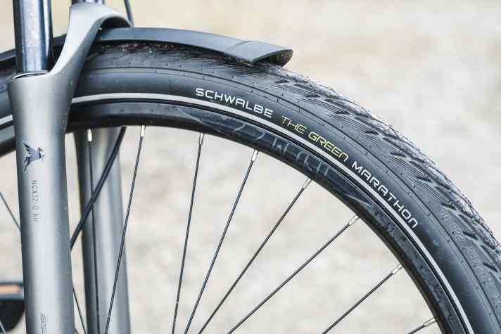 Umweltbewusst: Pegasus spezifiziert Schwalbes Green-Marathon-Reifen, der zu 80 Prozent aus recycelten Rohstoffen besteht.