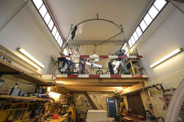 Leo's small workshop is located above a Swiss artists' collective in the former Thomy mustard factory in Basel.