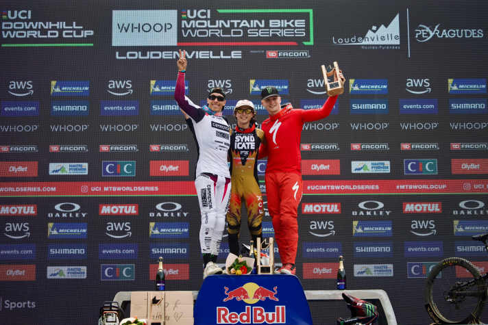 The men's podium in Loudenvielle: Jackson Goldstone (CAN), Amaury Pierron (FRA) and Jordan Williams (GBR).