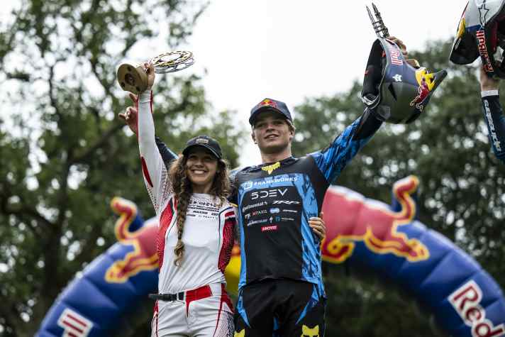 You can't get that feeling for any money in the world: Asa Vermette and Louise Ferguson win the Redbull Hardline in Dinas Mawddwy, Wales 2025.