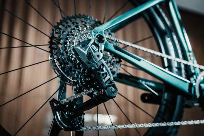 The top model shifts electronically with a Sram GX Eagle transmission rear derailleur.