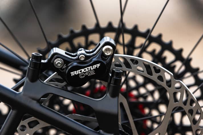 A new feature on the rear triangle of the Starling Fullys is the post mount. In the custom body, this is adorned with a classy Trickstuff brake calliper.