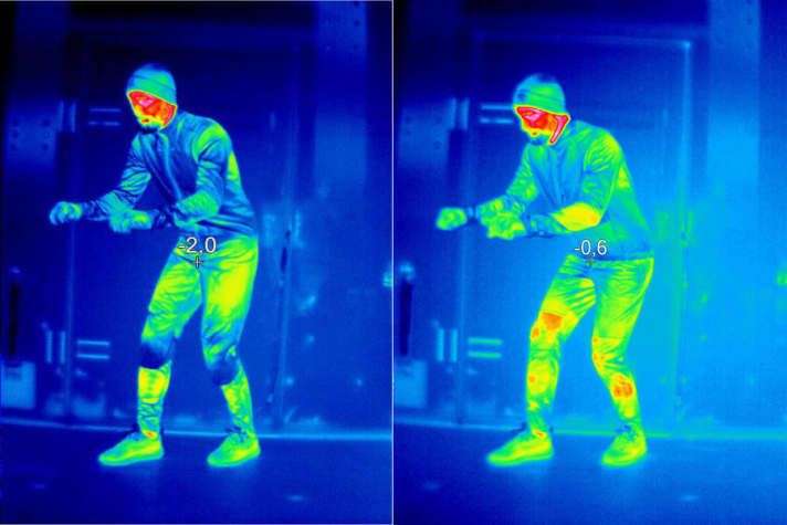 The clothing is well insulated in the blue areas. The more the areas turn red, the more body heat is lost.