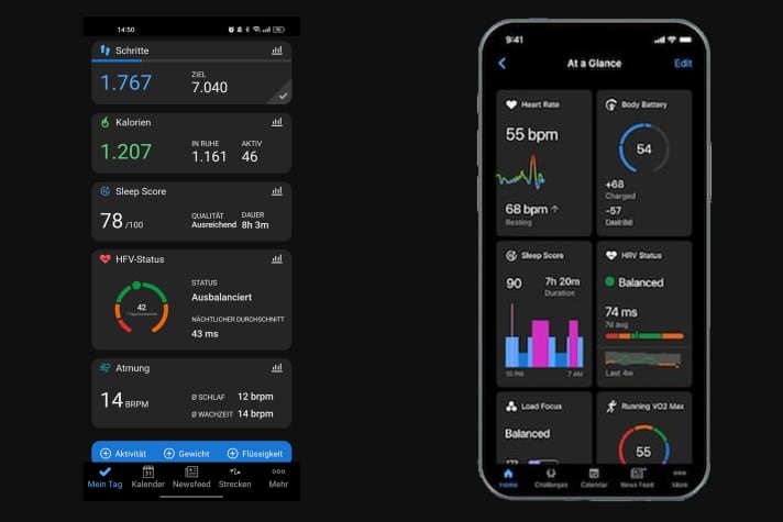 Comparison of the design of the Garmin Connect app: on the left the current version, on the right the now announced beta design.