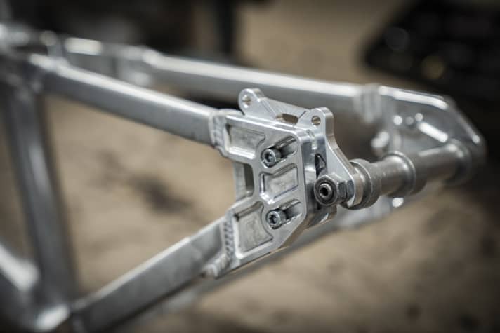 CNC-machined, sliding dropouts help to tension the chain on the single-speed dirt bike.