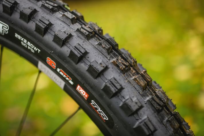 A good investment: YT specifies the same high-quality Maxxis tyre combination with a stable EXO+ casing for good puncture protection on all models. For pedal-heavy tours, however, you should definitely upgrade to a lighter rolling rear tyre.