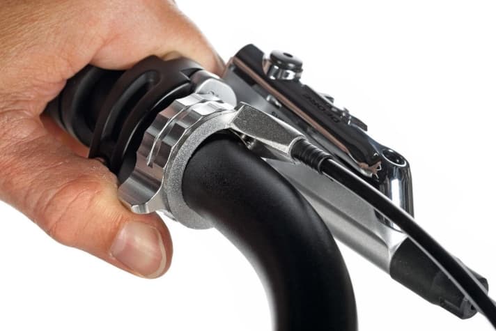 A simple twist: You can shift into overdrive with a factor of 1.57 using your thumb. Shimano shifters also work here.
