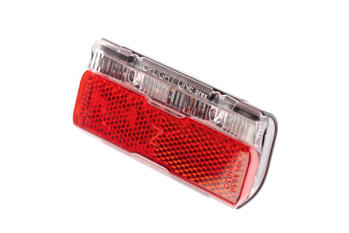 Toplight Line Brex; Rücklicht mit Brems­anzeige für Pedelecs; 11-48 V; 2 LEDs, 3 Helligkeitsstufen: normal, Bremsung, Notbremsung; Gepäckträgermontage; 50 Gramm;