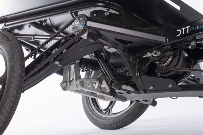 Technical delicacy: rear swing arm with axle rocker, suspension, Enviolo gearbox (far right) and belt drive for the rear wheel on the Gleam Escape
